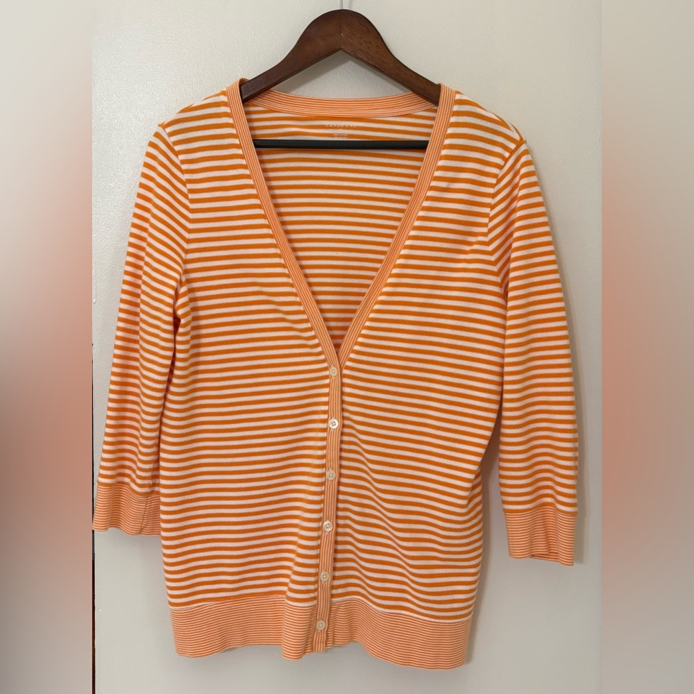 Lands' End Women's Orange and White Striped Cardigan Button Down